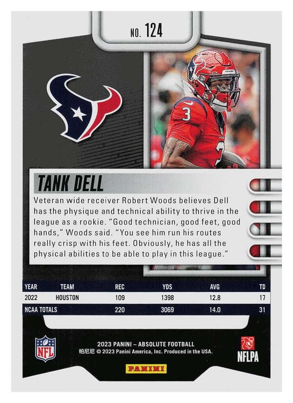 Amazon.com: 2023 Panini Absolute Football #124 Tank Dell RC Rookie